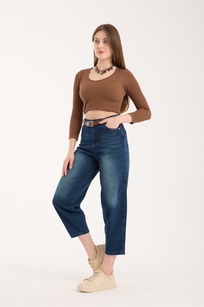 LAMİRA Blue Straight Legged Blue Jean Baggy High Waist Belt Detailed Women's Trendy Trousers