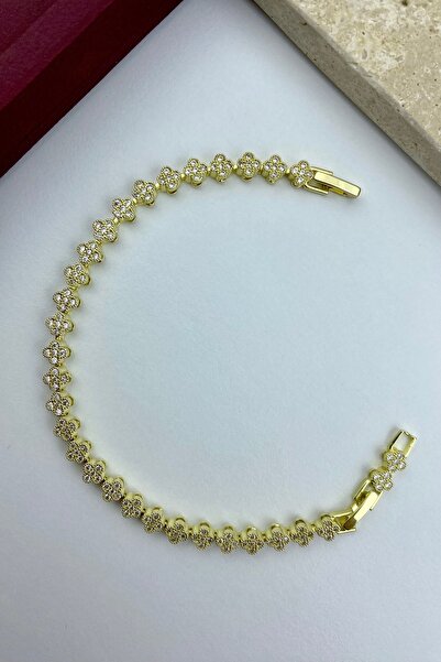 MEDJEWELRY Minimal Sıralı Yonca 14K Vip Bileklik - Çelik I Sürpriz Küpe Hediye