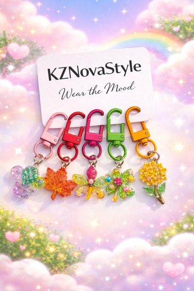KZNovaStyle مجموعة من 5 سلاسل مفاتيح بأشكال ملونة |   زينة الحقائب وإكسسوارات...