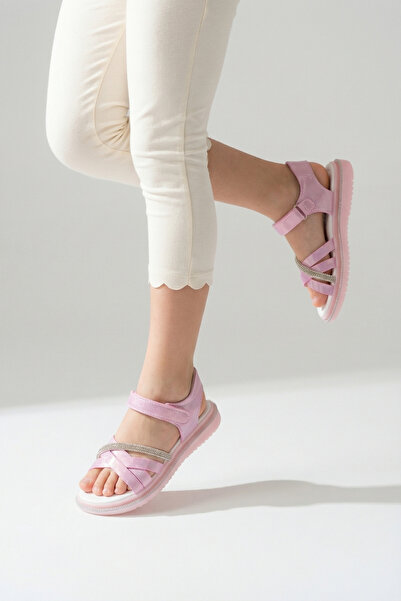 Moda Lime Kız Çocuk Sandalet Önü Açık Taş Detaylı Şeritli Cırtlı Rahat Esnek ...