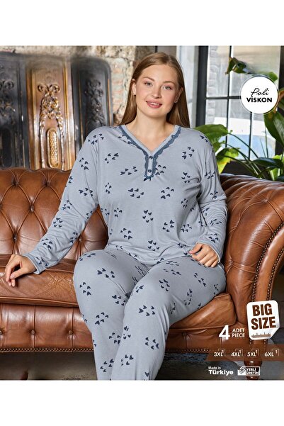İpek Women's Long Sleeve Plus Size V-Neck Heart Pattern Pajama Set