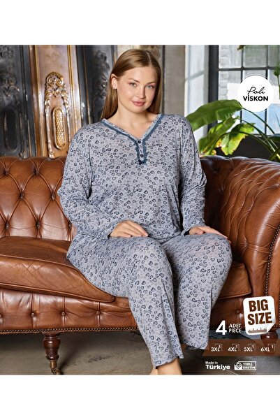 İpek Women's Long Sleeve Plus Size V-Neck Heart Pattern Pajama Set
