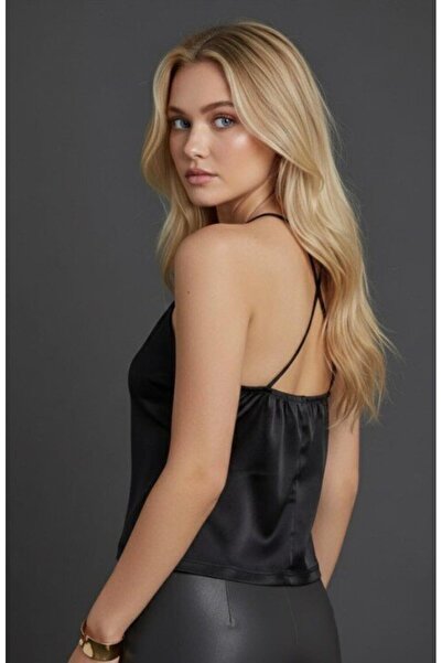 Be Best Women's Black Backless Cross Strap Satin Blouse Be377