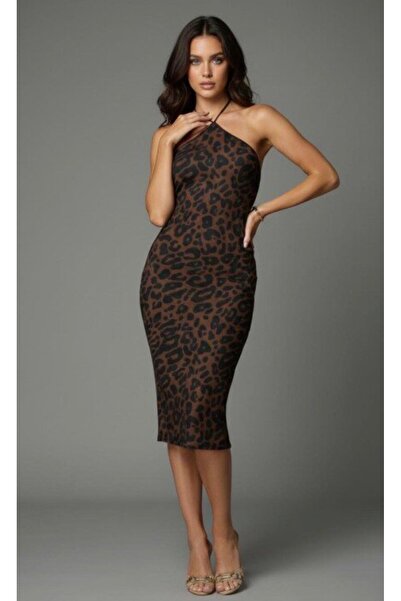 Be Best Women's Brown Leopard Pattern Midi Dress Be374