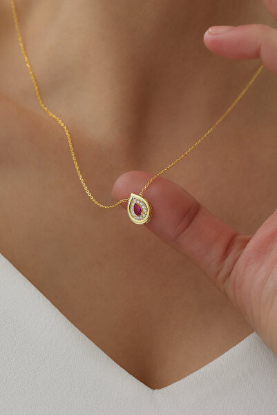 SUNSHINE 925 Ayar Gümüş Gold Kaplamalı Damla Tasarım Ruby Taşlı Kolye