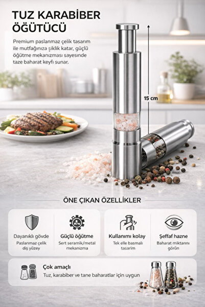Single Paslanmaz Çelik Basmalı Tuz Karabiber Baharat Öğütücü
