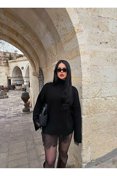 kırmızı butiks Eteği Güpürlü Dik Yaka Kazak