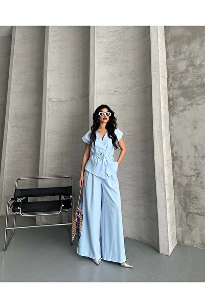 MODA Kadın V Yaka Kemerli Bluz Pantolon Takım