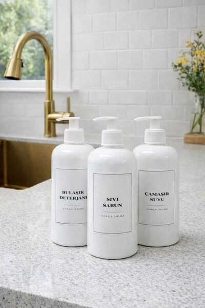 AY&ÇA HOME 3'lü Retro Beyaz Başlıklı Bulaşık Deterjanı, Sıvı Sabun, Çamaşır S...