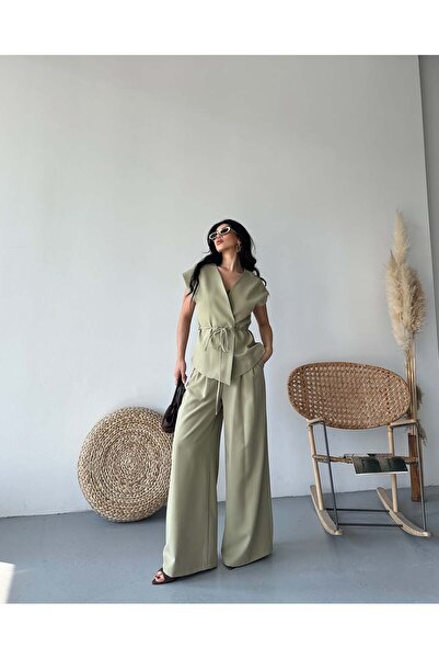 MODA Kadın V Yaka Kemerli Bluz Pantolon Takım