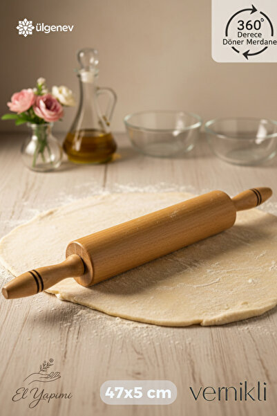 Ülgenev 47 cm Vernikli Ahşap 360 Derece Döner Merdane Pürüzsüz Hamur Açma Mer...