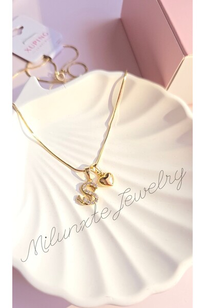 MİLUNXTE Xuping Kolye Kadın Gold Renk S Harfli Ve Kalpli Zirkon Taşlı Çelik K...