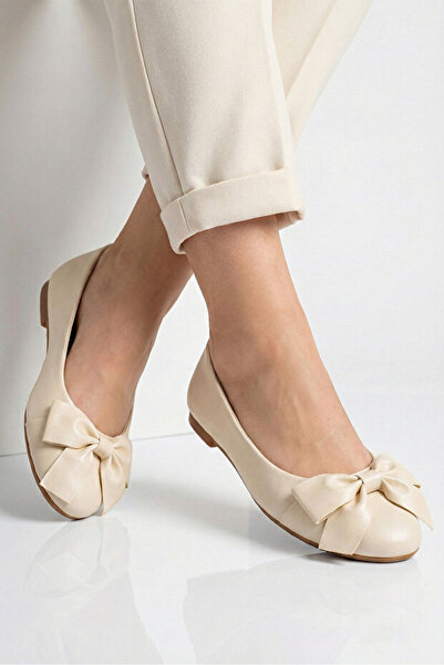 MOON CLOUD Women's Flat Shoes with Ribbon Detail Beige Round Toe Casual Offic...