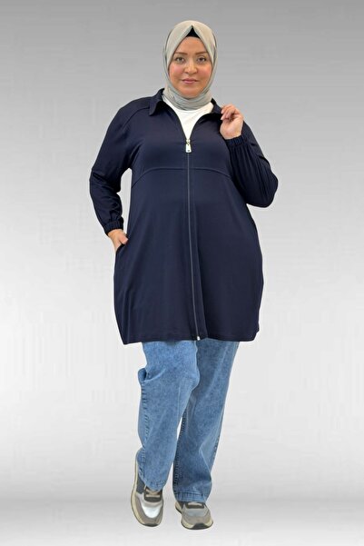 Eslina 63002 Large Size Zippered - Hooded Combed Cotton Jacket - Navy Blue