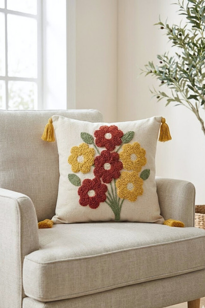 Valmia Home Husă de pernă cu model buchet de flori boeme și ciucuri 42x42 cm ...
