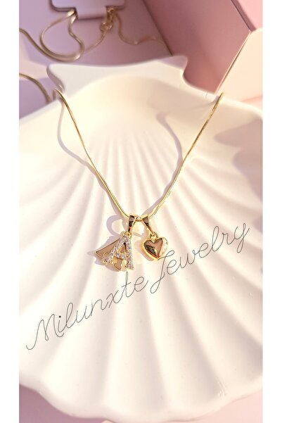 MİLUNXTE Xuping Kolye Kadın Gold Renk A Harfli Ve Kalpli Zirkon Taşlı Çelik K...