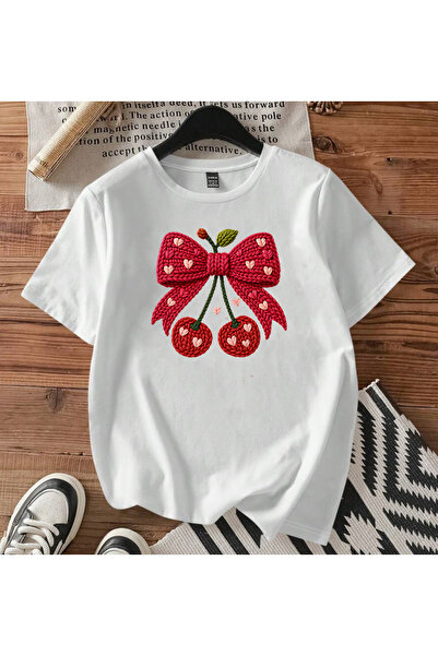 SUNFREE Knitted-Like Cherry Ribbon Printed Short Sleeve Cotton Tshirt