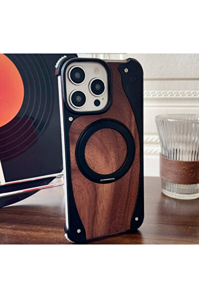 NJOYNY MagSafe Frameless Walnut Wood 360 Degree Rotating Phone Case for iPhon...