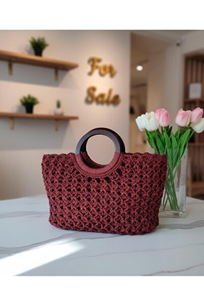 Boutique de Carbon Ahşap Saplı Mango Model Bordo El Örgüsü Çanta