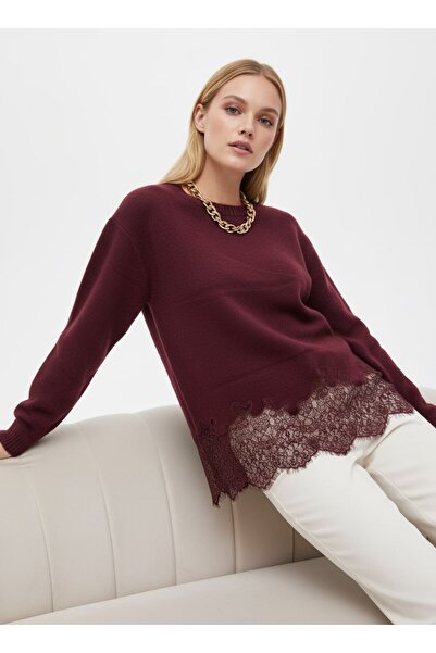 ROBAS Kadın Bisiklet Yaka Düşük Kol Etek Ucu Dantelli Triko