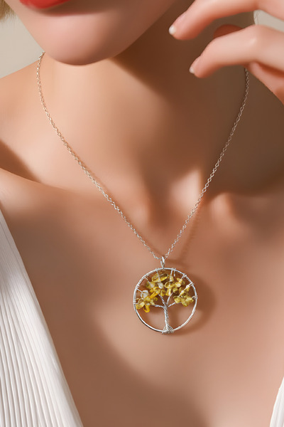 NBS Beautiful Naturel Stones قلادة نسائية من سلسلة سيترين ستيل على شكل شجرة ا...