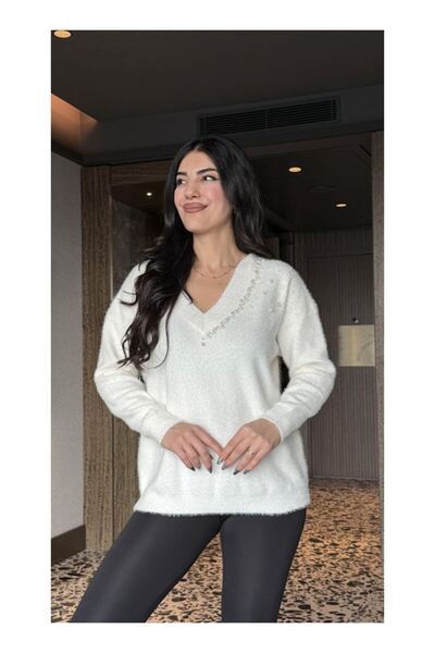 byasafkids Women's V-Neck Long Sleeve Pearl Detail Knitwear Blouse