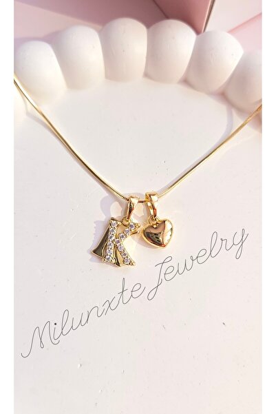 MİLUNXTE Xuping Kolye Kadın Gold Renk K Harfli Ve Kalpli Zirkon Taşlı