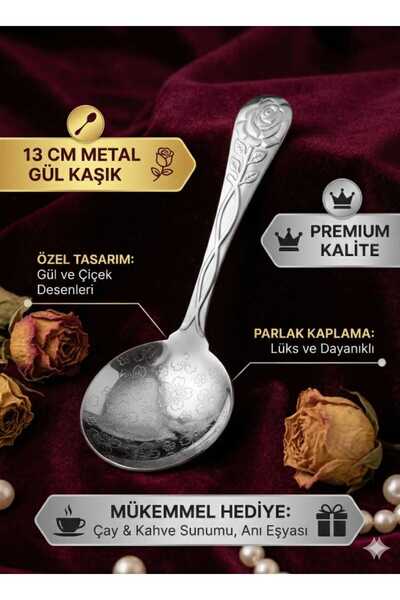LOVYCO Gül Desenli Çay ve Tatlı Kaşığı - 13 cm Paslanmaz Çelik Vintage Sunum ...