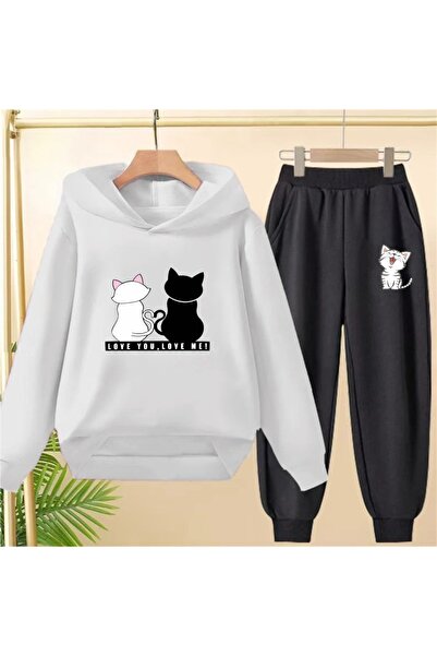 SVART WEAR Cat Printed Hooded Top and Bottom Tracksuit Set