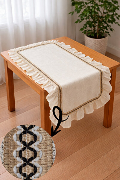 MUEV Ruffled Linen Fiskos Tablecloth 100% Cotton Woven Fabric Luxurious Embro...