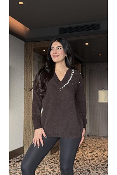 Femella Women Fashion Women's V-Neck Long Sleeve Pearl Detail Knitwear Blouse