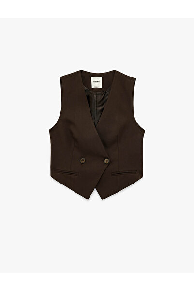 Koton Düğmeli Cep Detaylı Viskon Karışımlı Kolsuz Kruvaze Yaka Yelek