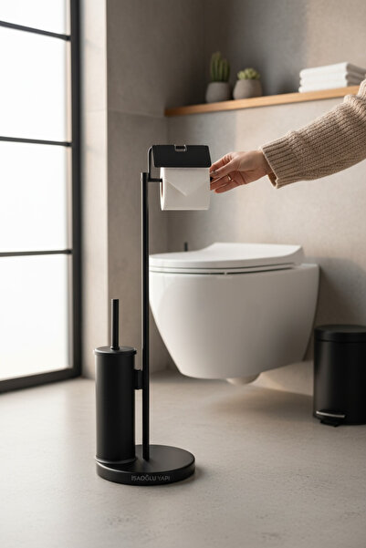 İSAOĞLU YAPI Black Toilet Paper Holder Toilet Brush Holder Set Stainless Bras...