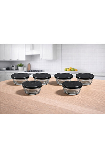 LAV Master Cam Saklama Kabı 6'lı Yuvarlak 250 ml Siyah Kapaklı (Kahvaltılık)