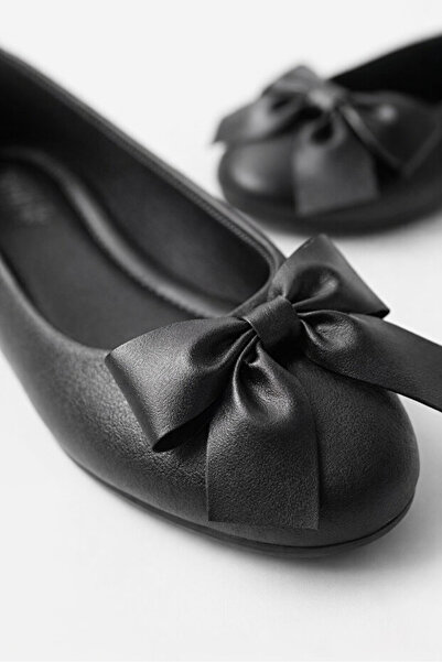 MOON CLOUD Kadın Babet Kurdele Detaylı SİYAH Yuvarlak Burun Günlük Ofis Şık Z...