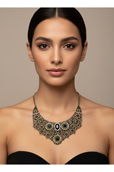 FASHİON JEWELRY Ethnic Patterned Antique Gold Women's Necklace – Authentic Bo...