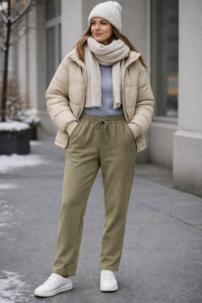 metsawear Women's 3-Thread Rastered Khaki Sweatpants – Lightly Shrinkable Str...