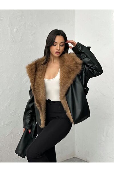 Foola Moda Kadın Kahverengi Suni Deri Kürk Yakalı Kuşaklı Ceket - Lüks Görünüm
