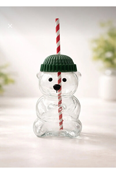 İthal Cam Cold Coffee Cup with Teddy Bear and Straw 500 ml Product (17×8.5 cm)