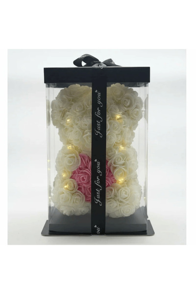 Ruyidecor Teddy Bear Made of Foam Roses, 25 cm, White/Pink