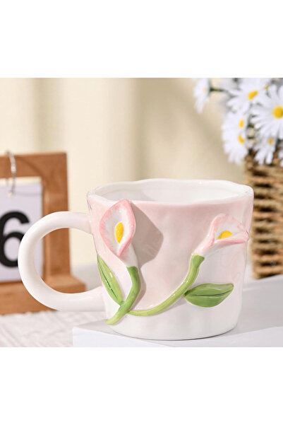 Mihristore Tulip Pattern Coffee Cup Embossed Pink Tulip Mug Gift Porcelain Mug