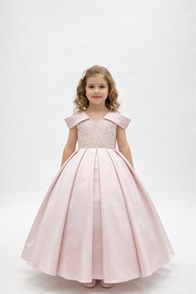 Tarz Çocuk Girl's Powder Princess Evening Dress – Lace-Up Model