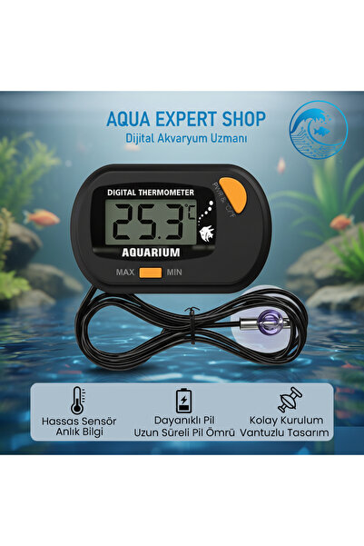 Aqua Expert Akvaryum Dijital Termometre - Kablolu - Hassas Ölçüm - Uzun Süre ...