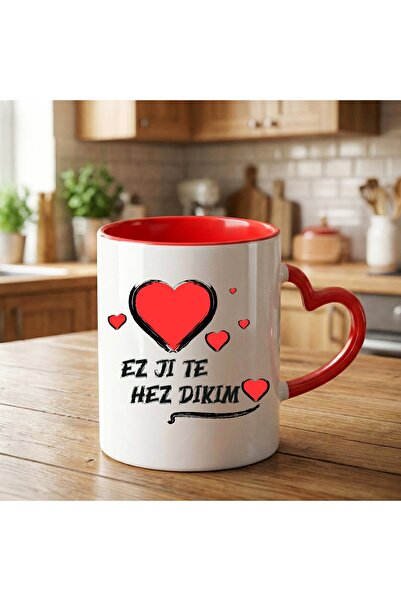 ZERYA Kürtçe Ez Ji Te Hez Dikim Written Red Heart Mug - Ez Ji Te Hez Dikim He...
