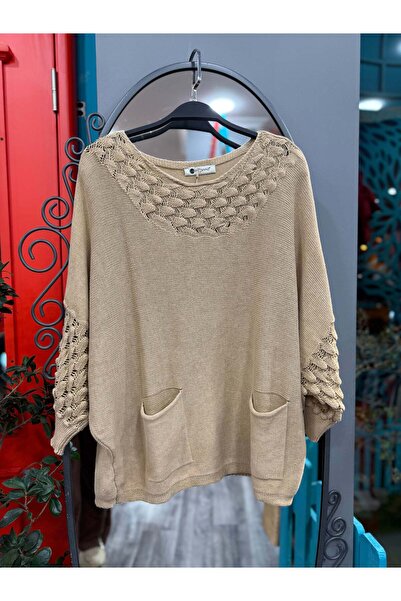 Yılday Gür Butik Light Brown Pocket Detailed Openwork Collar Knitwear Sweater