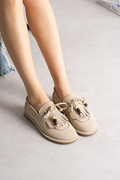diclepolat Women's Beige Suede Tasseled Beaded Loafer Shoes - Comfortable Moc...
