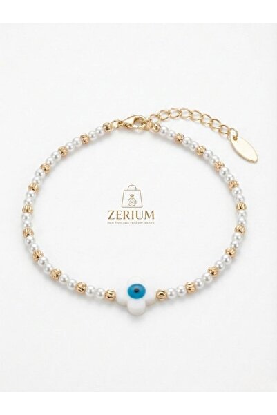 ZERİUM White Clover Women's Evil Eye Steel Bracelet with Pearls and Dorika Beads