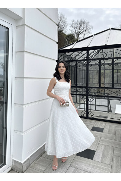 BEYZATURAN White Eliza Long Flared Skirt Dress with Thick Straps