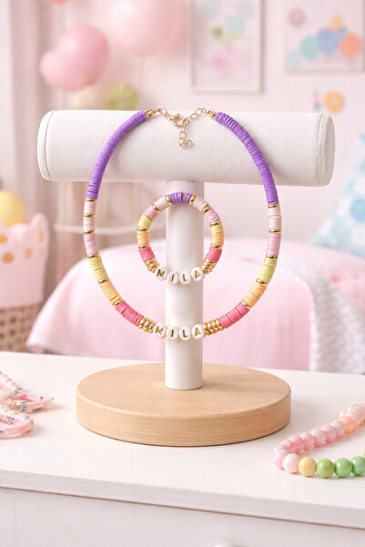 Moonbelle Kız Çocuk Kişiye Özel İsimli Kız Çocuk Kolye & Bileklik Seti – Renk...