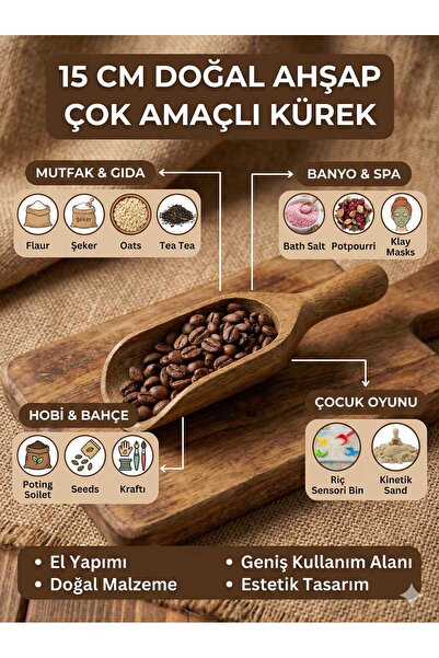 LOVYCO 15 Cm Doğal Ahşap Çok Amaçlı Erzak ve Baharat Küreği - Bakliyat Un Şek...